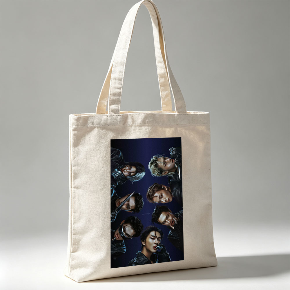 Stray Kids in Dark Leather Outfits with Dramatic Poses and Knives Against a Deep Blue Background - Canvas tote bags