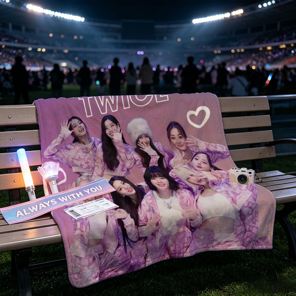TWICE Group Photo in Pink Patterned Outfits with Heart Emojis and Logo Background - Blankets