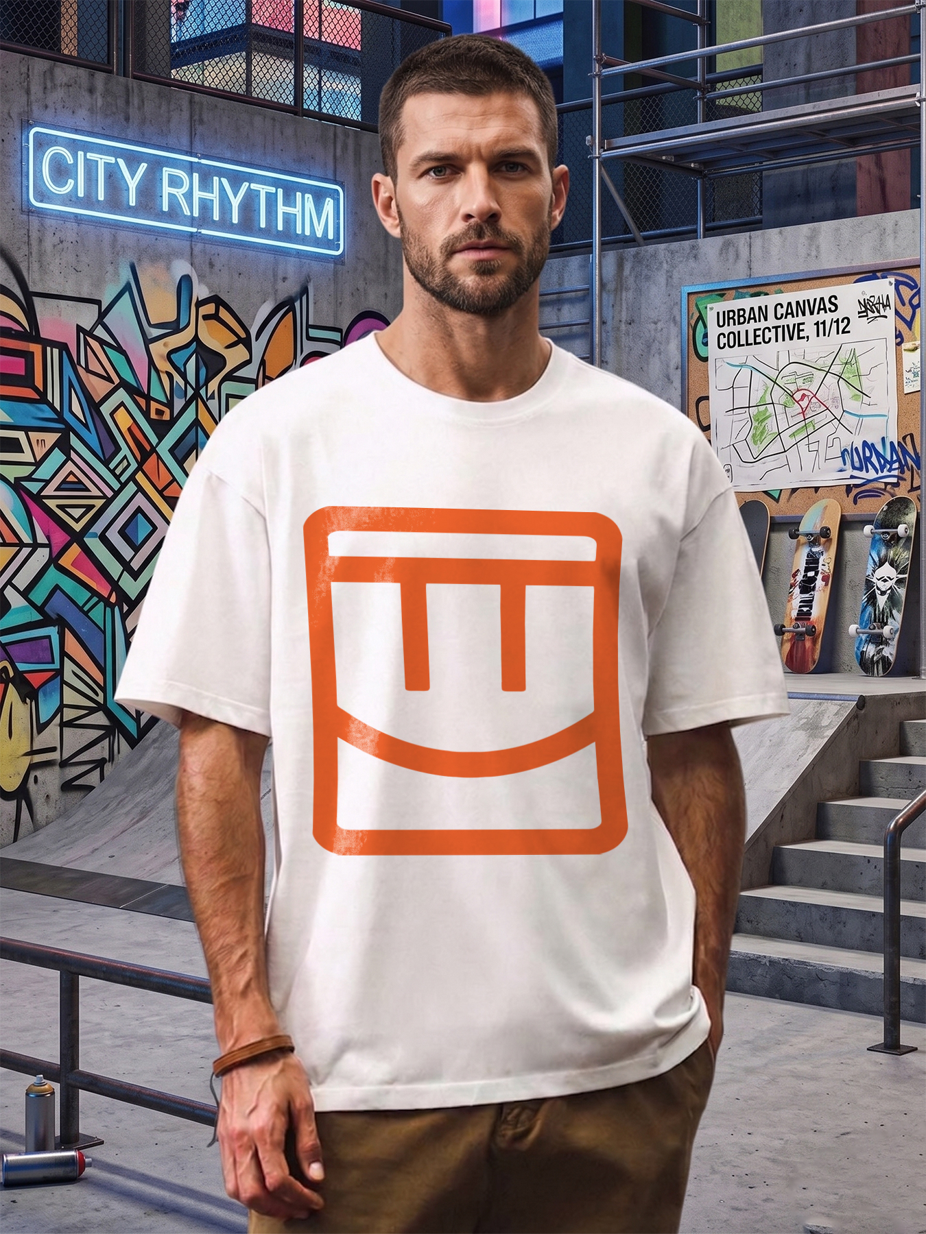 Men's Printed T-Shirt with Bold Orange Square Logo Design Casual Round Neck Lightweight Breathable Summer Short Sleeve Tee for Everyday Wear, Outdoor Activities, and Urban Style Fashion Lovers
