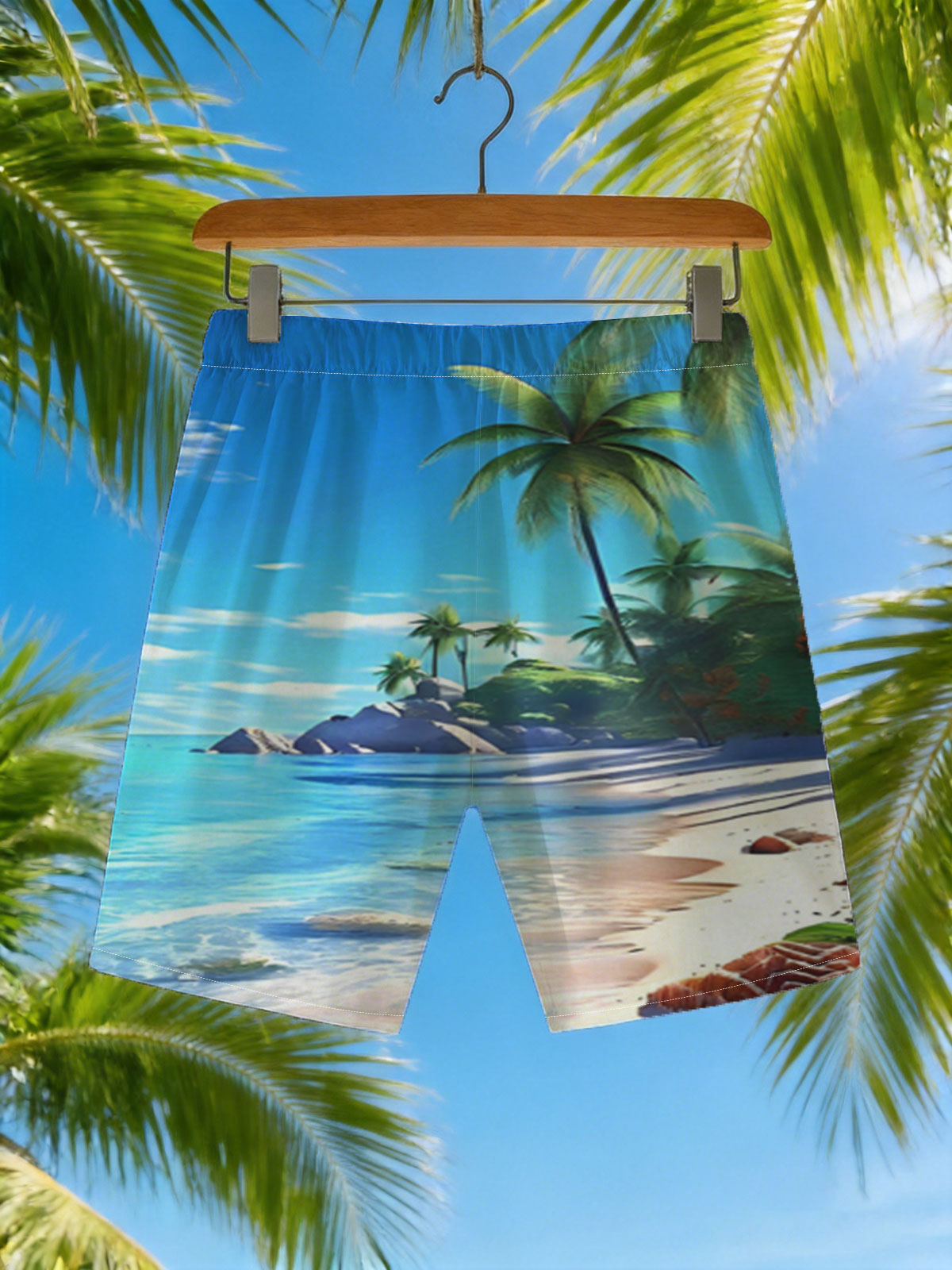 Tropical Beach with Palm Trees and Crystal Clear Water -  Beach shorts