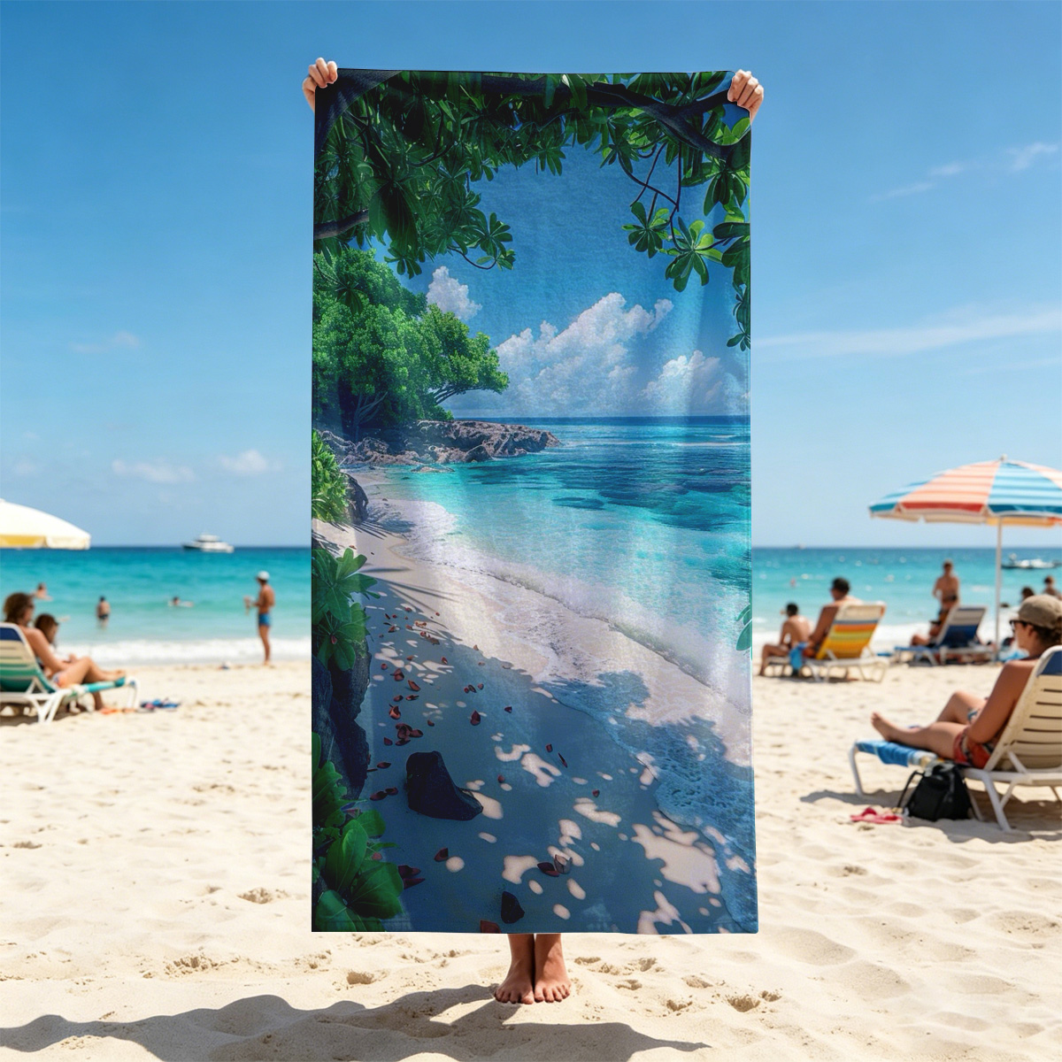 Tropical Beach with Crystal Clear Water and Lush Greenery - Beach towels