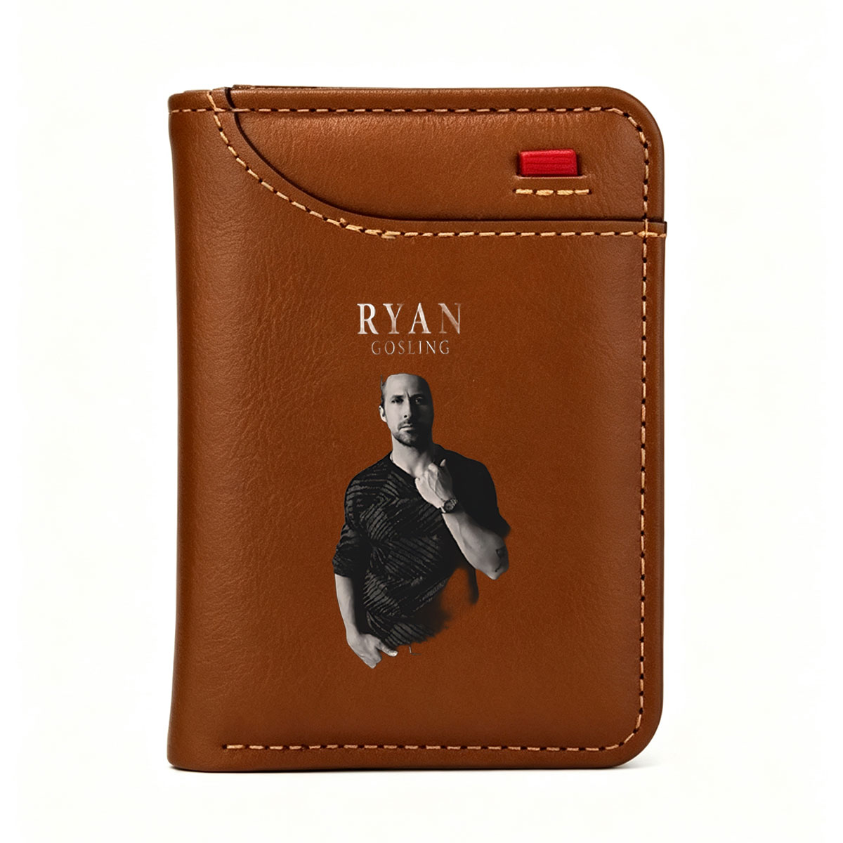 Ryan Gosling in a stylish black shirt, posing with hand on chest against dark background - Vertical Style Wallet