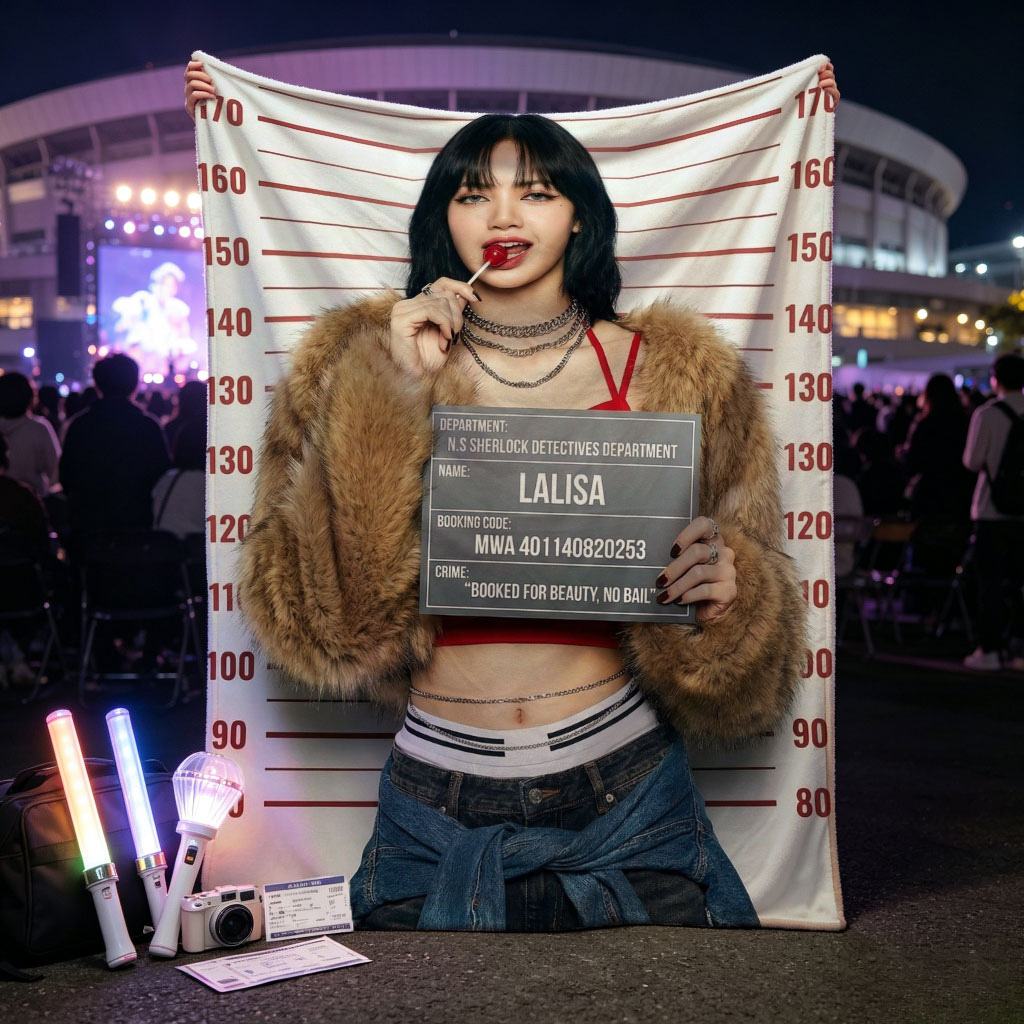 Lalisa Mugshot Scene - Black Hair, Red Lipstick, Fur Coat, and Denim Jacket in Front of Height Chart - Blankets