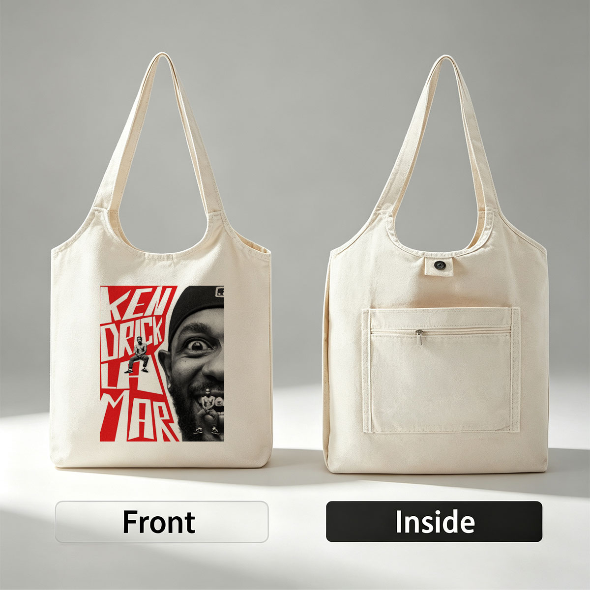 Ken Duck La Mar - Bold Red Text and Black-and-White Portrait with Miniature Figures on Face and Lettering - Canvas shoulder bags/