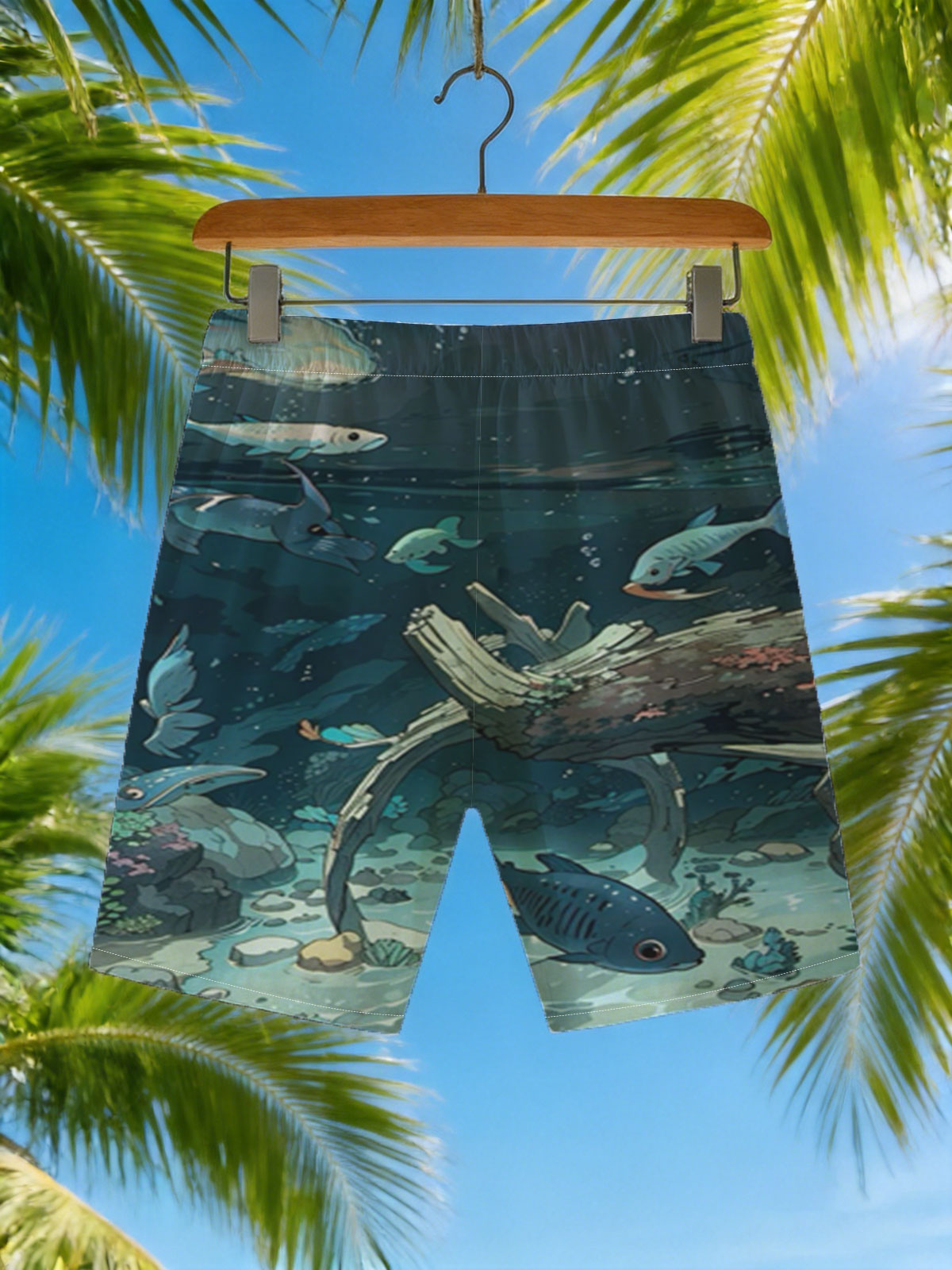 Underwater Scene with Fish and Sunken Log -  Beach shorts