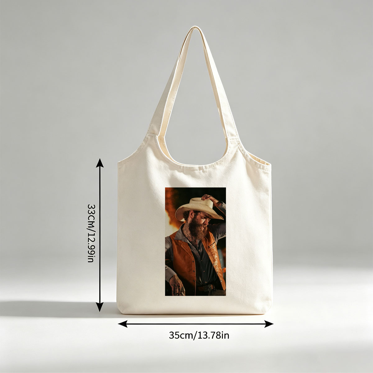 Post Malone in Cowboy Outfit Holding Hat with Fiery Background - Canvas shoulder bags/