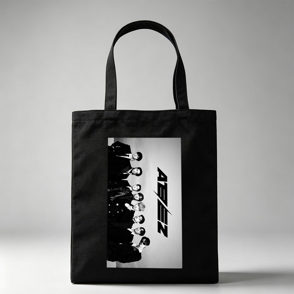 SEVENTEEN in Formal Attire Standing in a Line with Bold Logo on Gray Background - Canvas tote bags