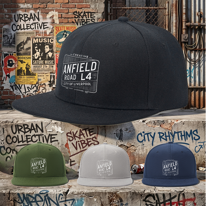 Flat Brim Baseball Cap Anfield Road L4 City of Liverpool Print Streetwear Underground Skate Style Basketball Court Skate Park Urban Streetwear for Skaters Rappers Streetwear Enthusiasts