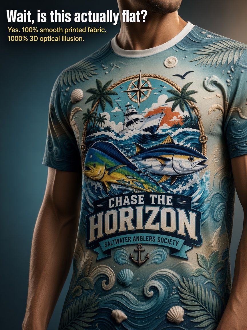 Saltwater Angler 3D Optical Illusion Graphic Tee Breathable Athletic Mesh T-Shirt for Casual and Sports Wear