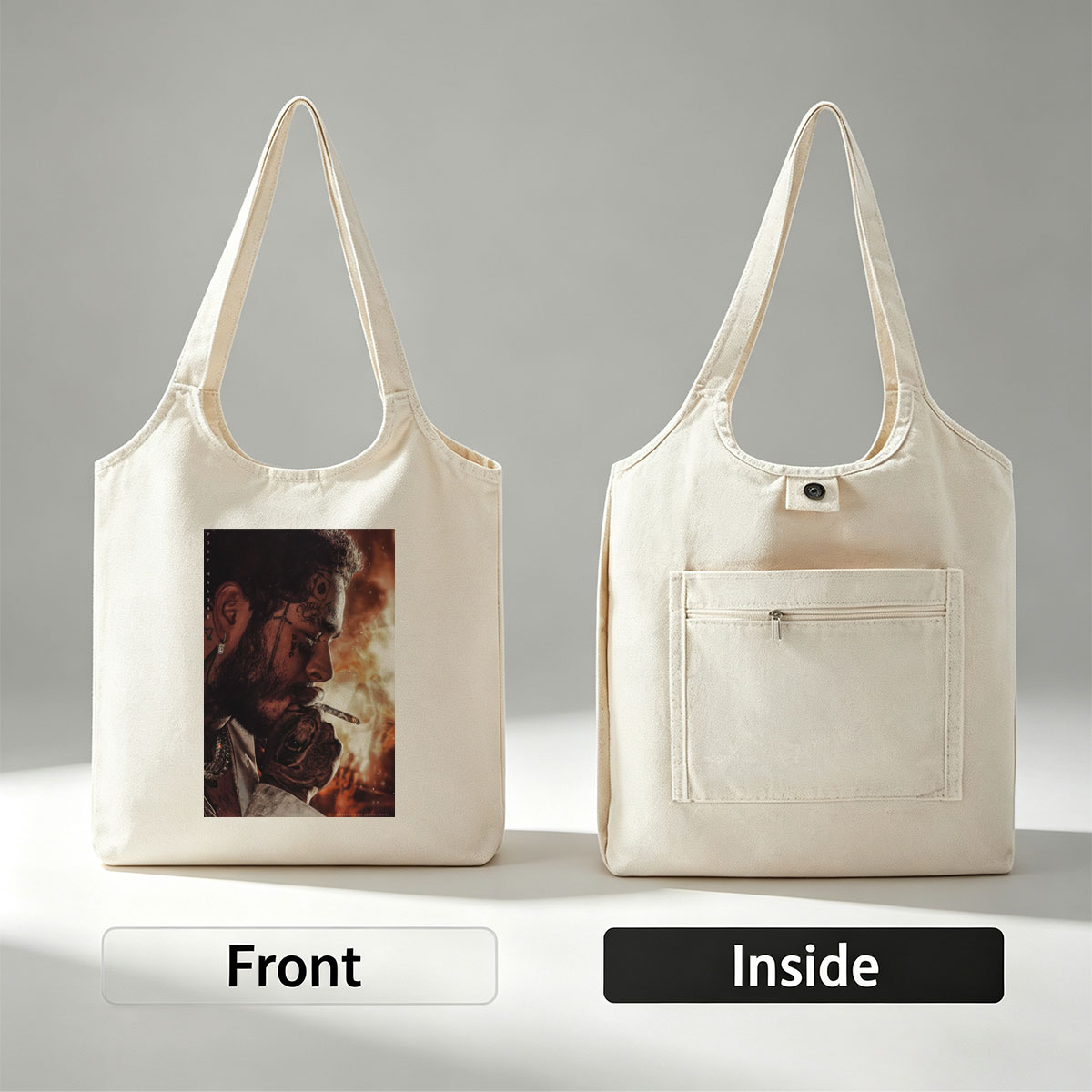 Post Malone Smoking Cigarette with Tattooed Face and Intense Background - Canvas shoulder bags/