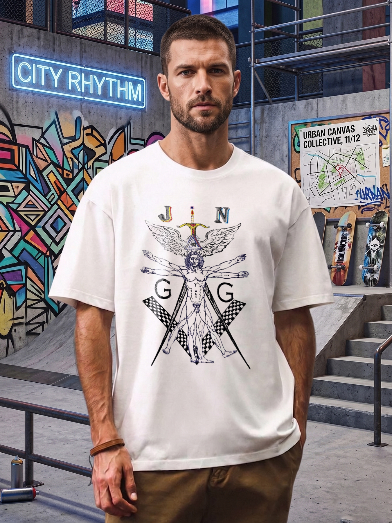 Men's Printed T-Shirt with Vitruvian Man Wings Sword Symbol Graphic Design Casual Round Neck Lightweight Breathable Summer Short Sleeve T-Shirt for Fashion-forward Adults and Art Enthusiasts