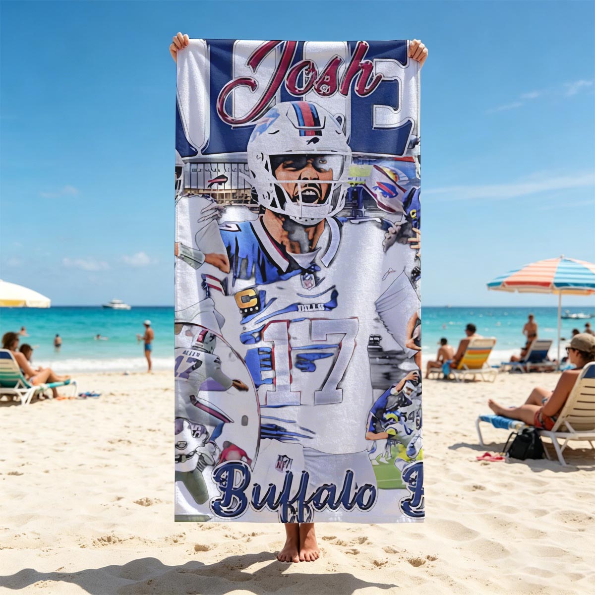 Josh Allen, Buffalo Bills QB #17, NFL Football Star in Action - Beach towels