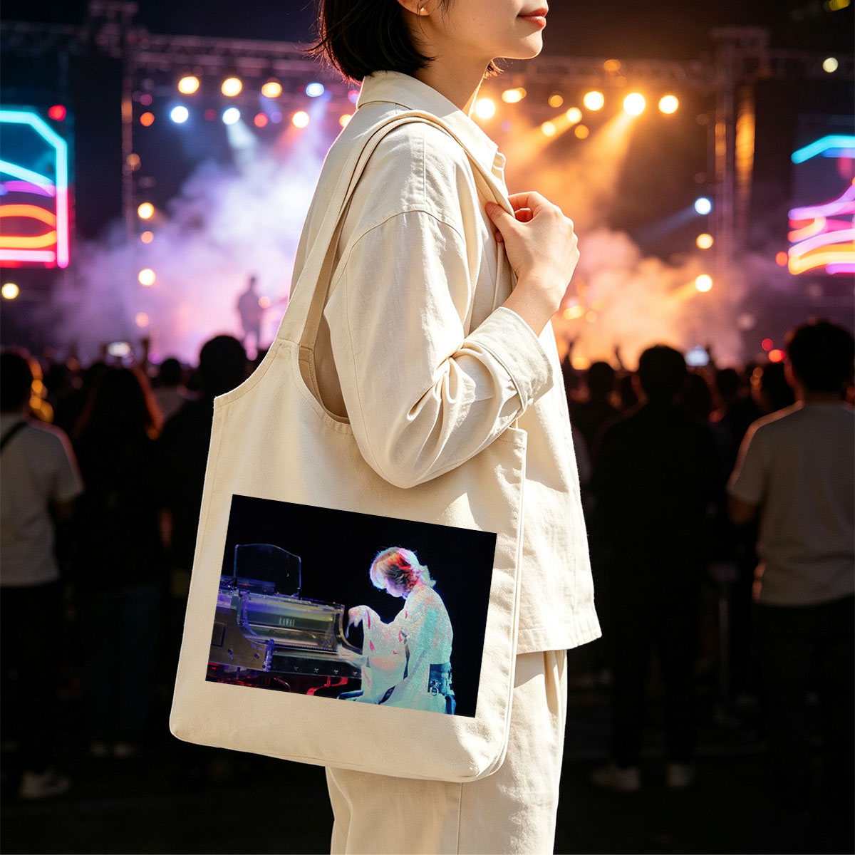 Yuki Kajiura Performing Piano on Stage with Dramatic Lighting - Canvas shoulder bags/