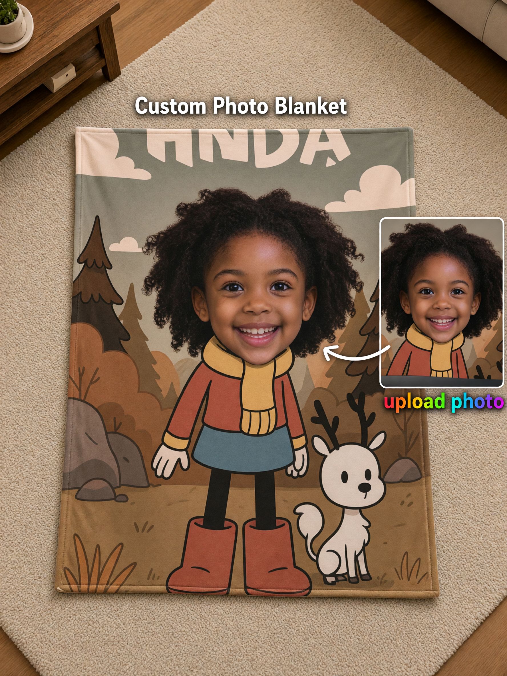 Custom Face Photo Blanket Personalized Cute Cartoon Forest Flannel Throw for Kids Cozy Keepsake Birthday Gift
