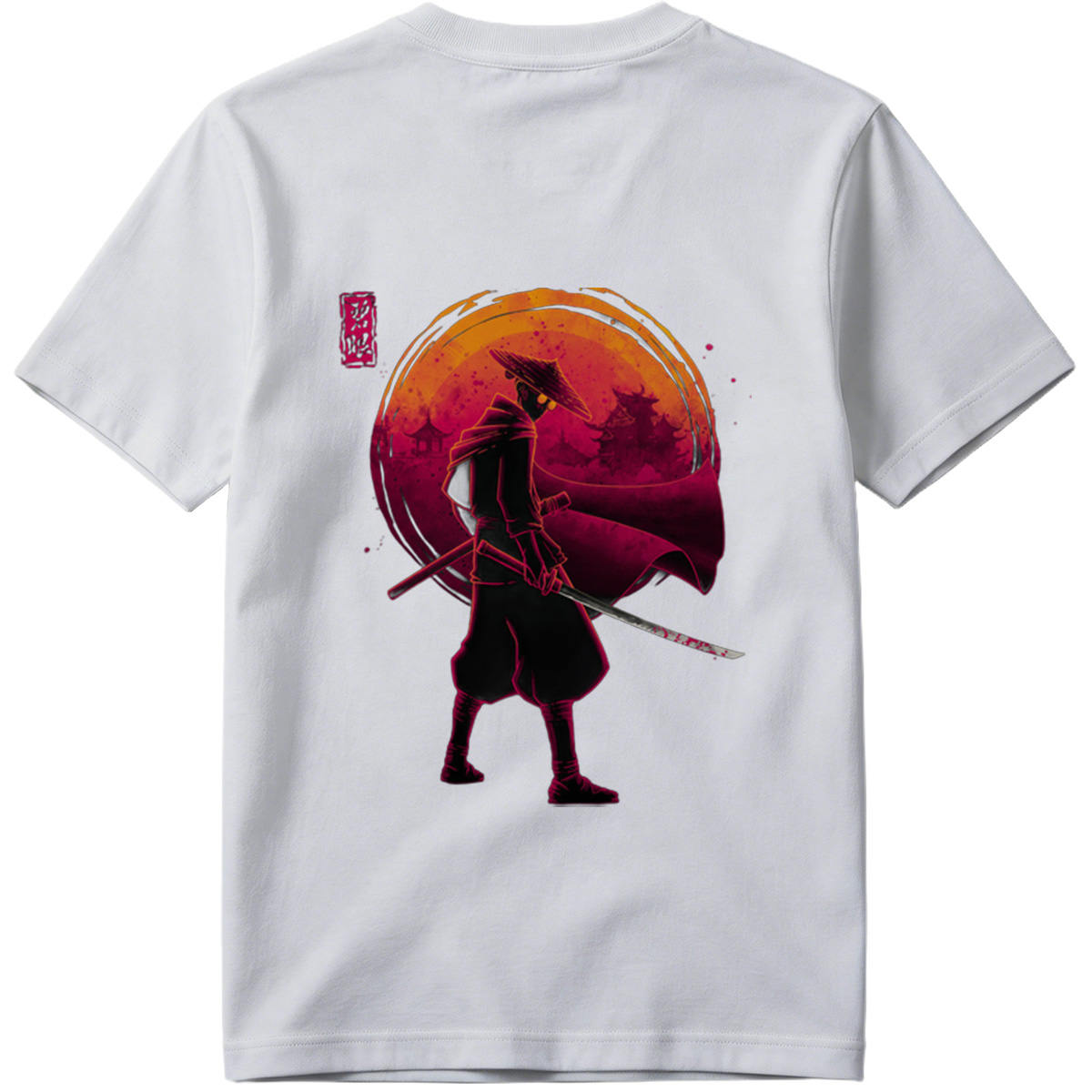 Samurai Warrior with Bloodied Sword Against Crimson Moon - Tee