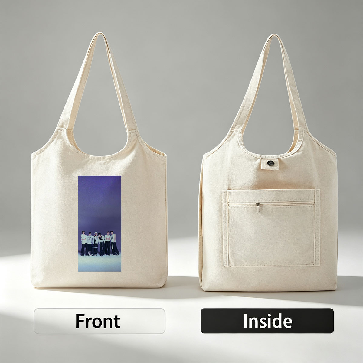 ENHYPEN Group Photo in Stylish White and Black Outfits Against a Purple Gradient Background - Canvas shoulder bags/