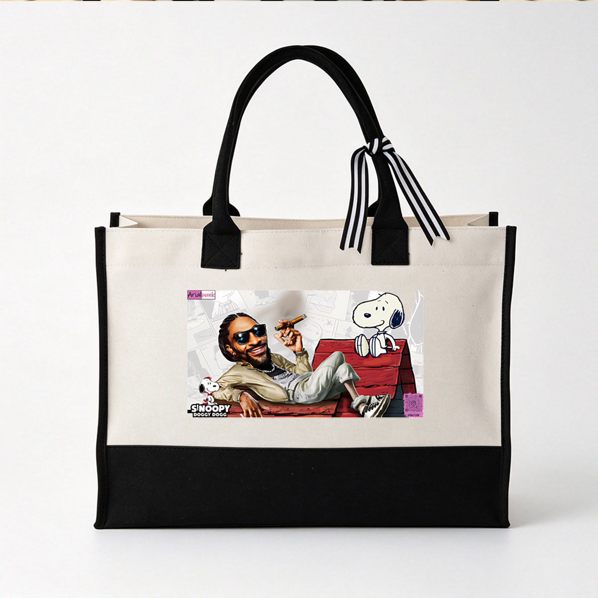 Snoop Dogg and Snoopy: A Cool Collaboration on a Red Doghouse - Canvas patchwork gift tote bag