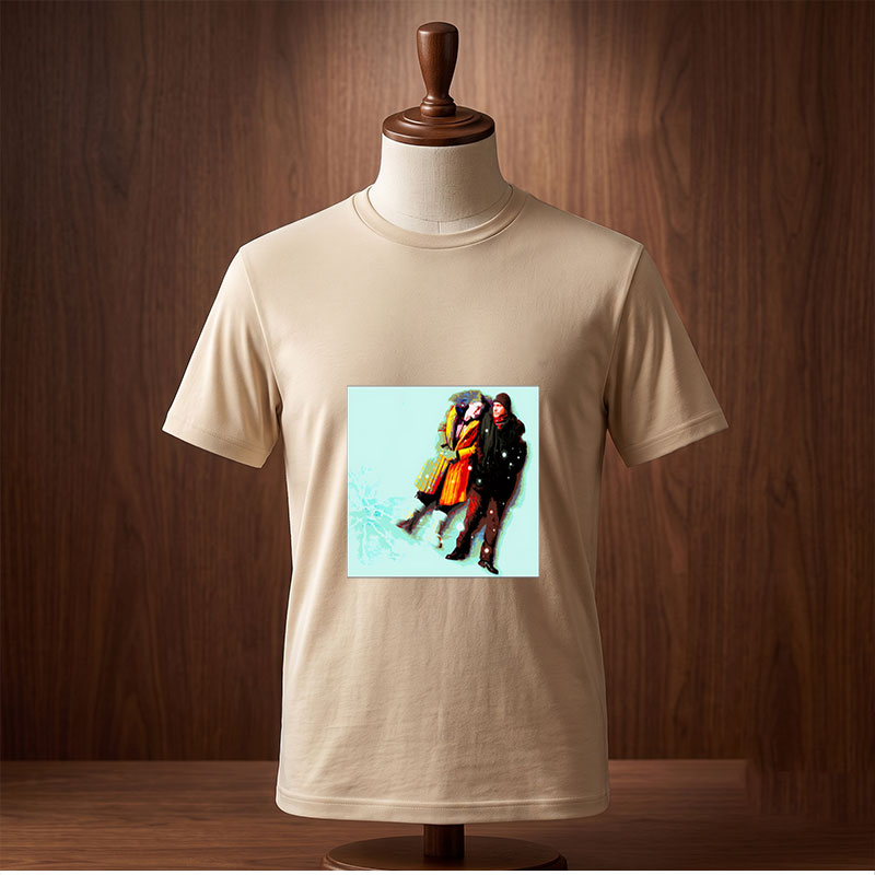 Couple in Winter Coats Walking in Snowy Scene - Tee