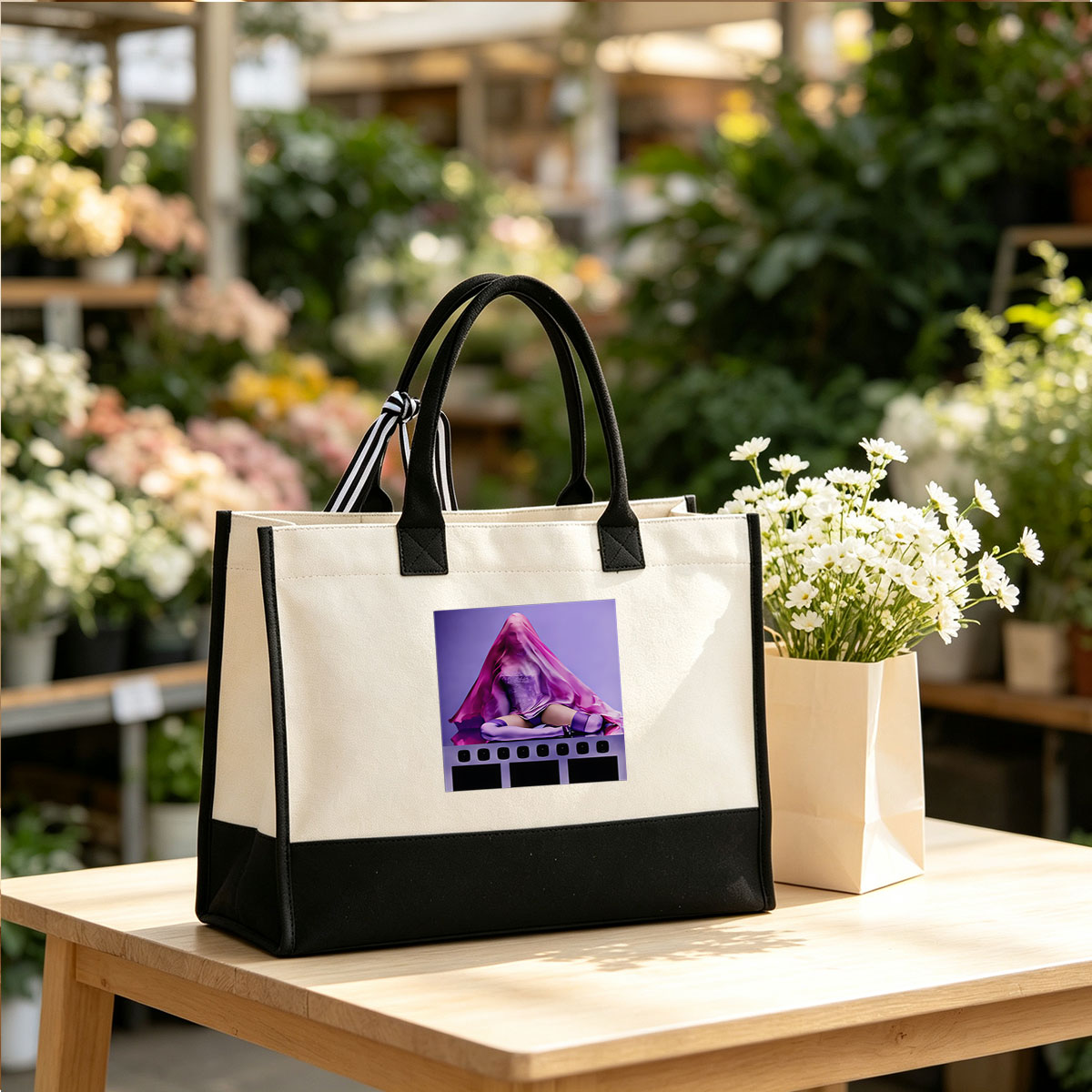 Mysterious Figure in Purple Veil, Seated on Film Strip - Canvas patchwork gift tote bag