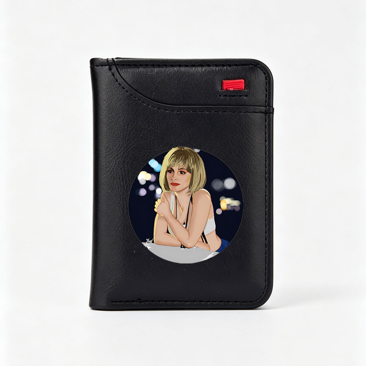 Miley Cyrus in a stylish pose with a cityscape background - Vertical Style Wallet