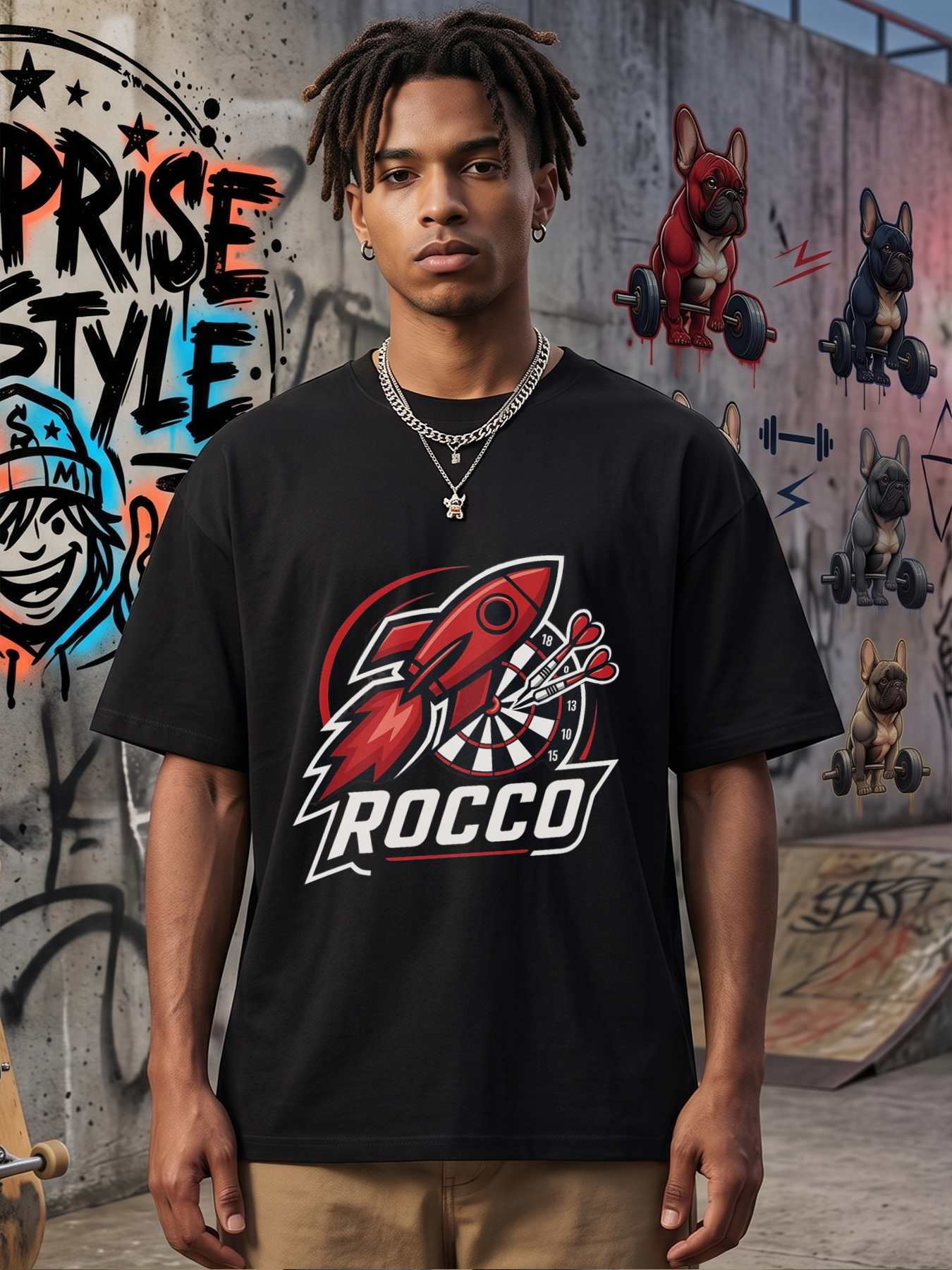 Men's Printed T-Shirt Rocket Dart Target ROCCO Graphic Design Casual Round Neck Summer Lightweight Breathable Short Sleeve Tee for Gaming Fans and Outdoor Enthusiasts