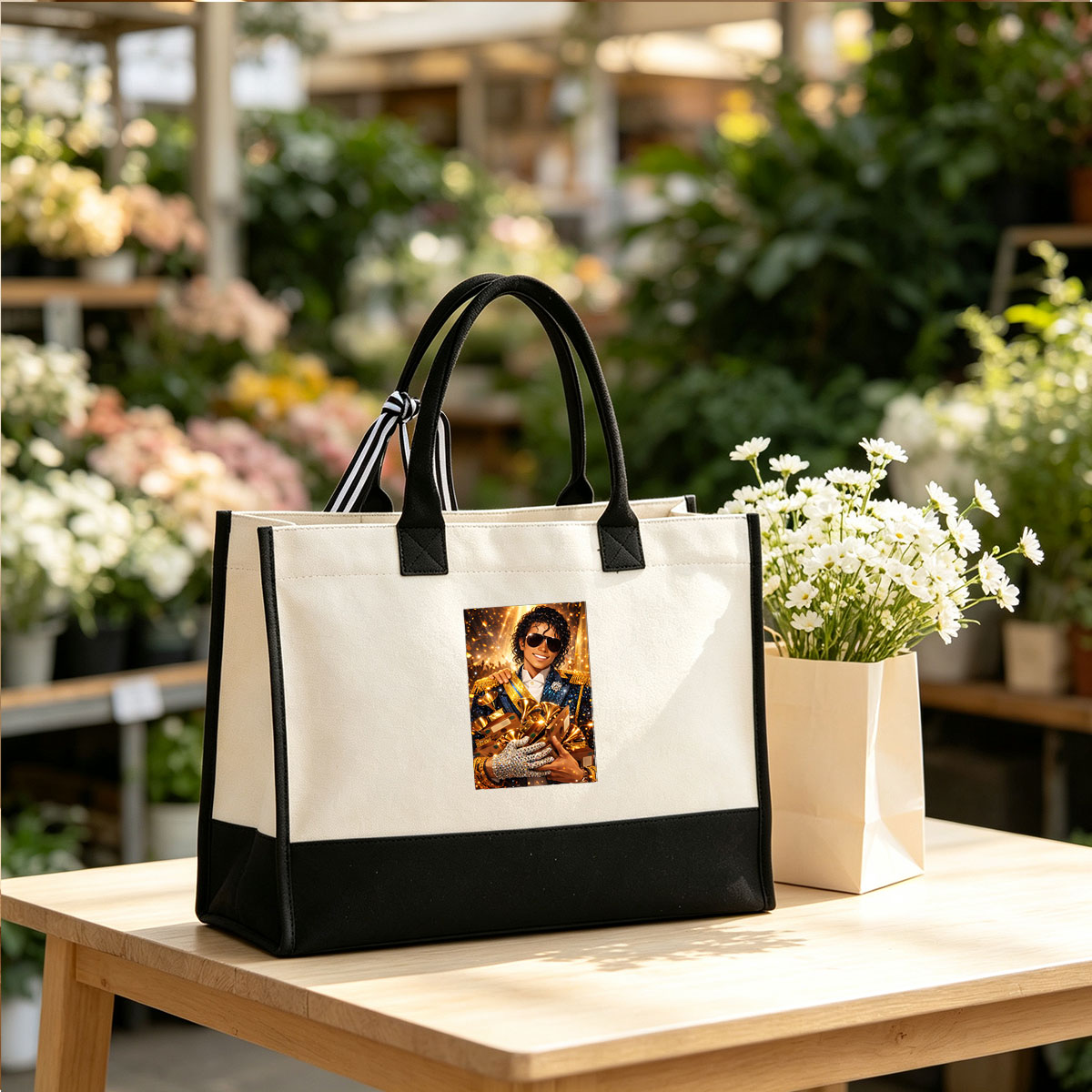 Michael Jackson in Iconic Glamour, Holding Grammy Awards with Sparkling Glove - Canvas patchwork gift tote bag