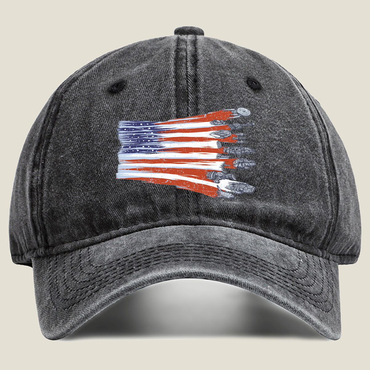 Star Trek and Star Wars Spaceships with American Flag Design - Washed Denim - Baseball Cap