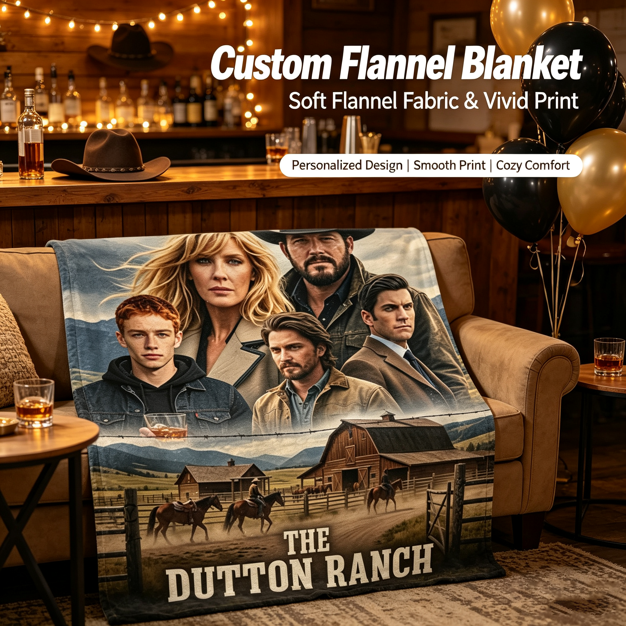 Custom Face Blanket The Dutton Ranch Flannel Blanket Western TV Show Fan Gift for Cowgirl and Cowboy Lovers Home Decor or Cozy Bedding Present
