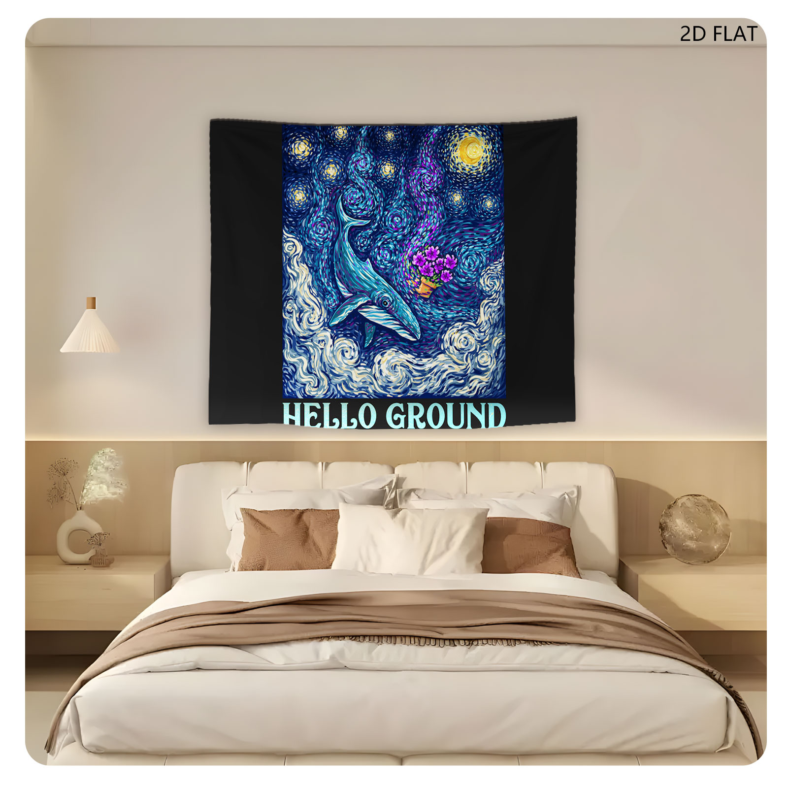 Whale in Starry Night Sky with Purple Flowers and 
