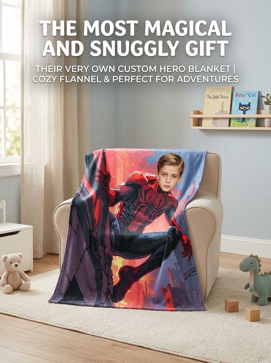 Custom Face Superhero Flannel Throw Blanket Personalized Photo Fleece Bed Cover for Kids and Adults Cozy Gift Idea