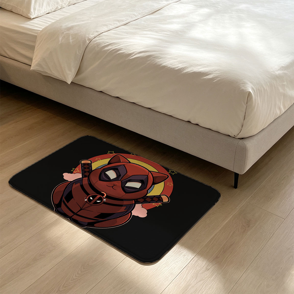 Deadpool Cat in Red Suit with Dual Katanas and Starry Background - Flannel floor mat