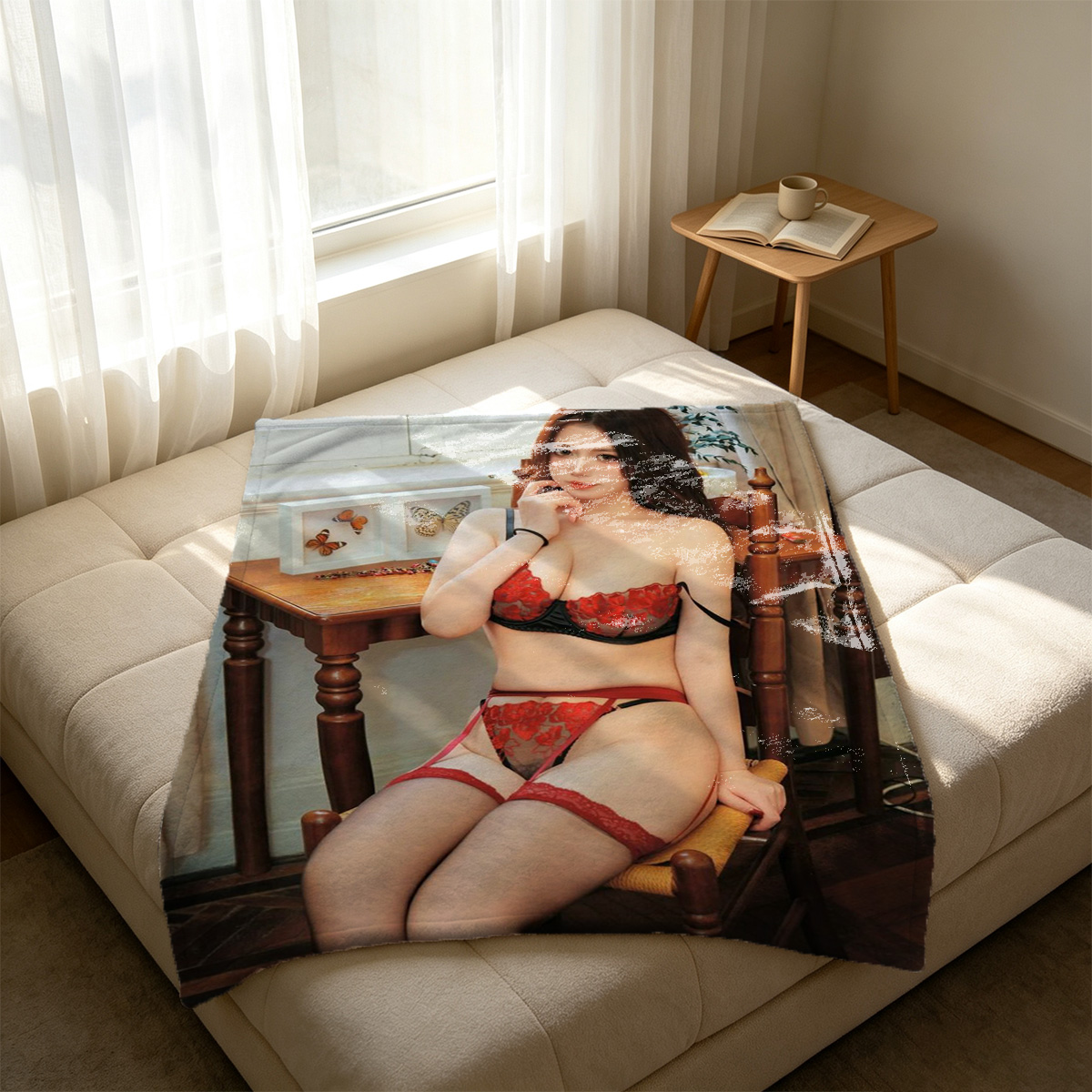 Blonde in White Shirt and Tie Seduced by Nude Woman in Bed - Blanket