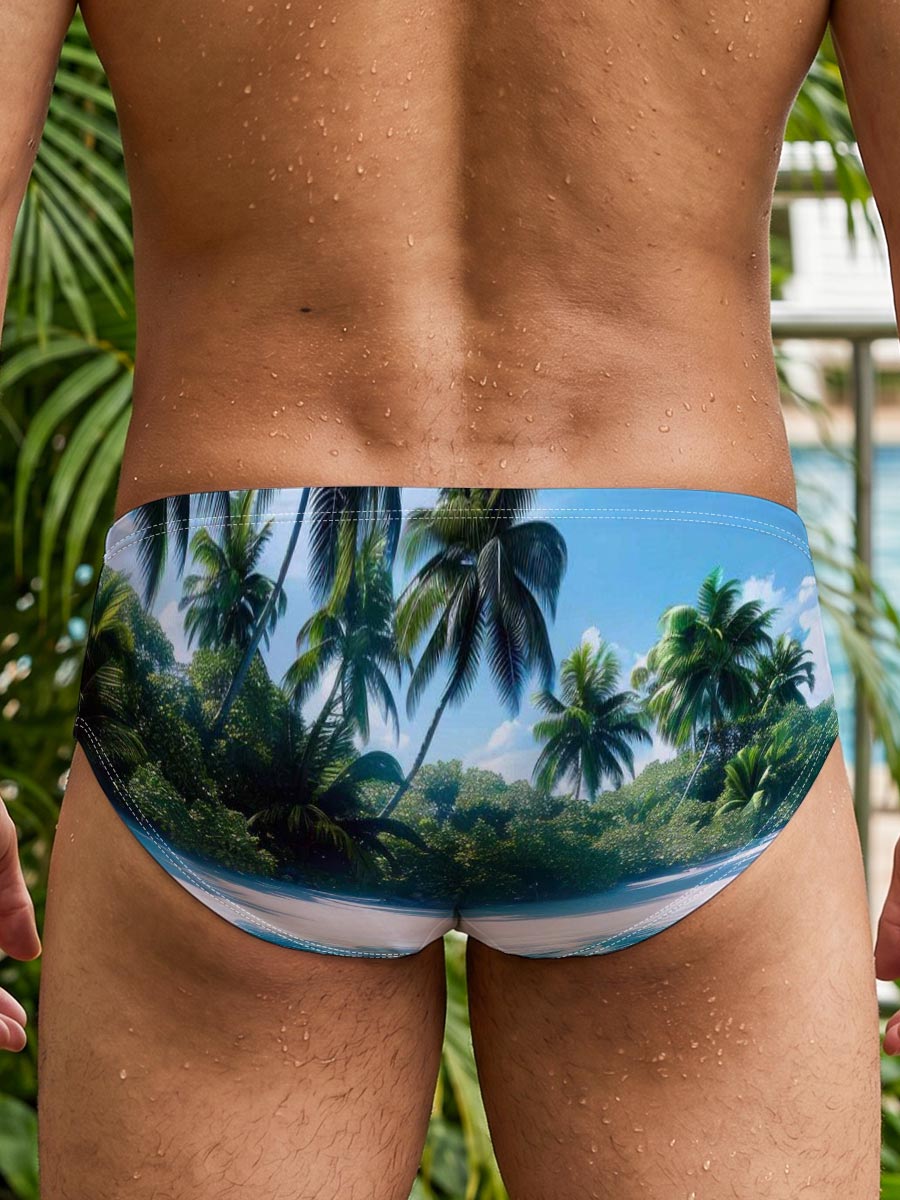 Tropical Paradise with Vibrant Coral Reef and Palm Trees -  Men's swim trunks