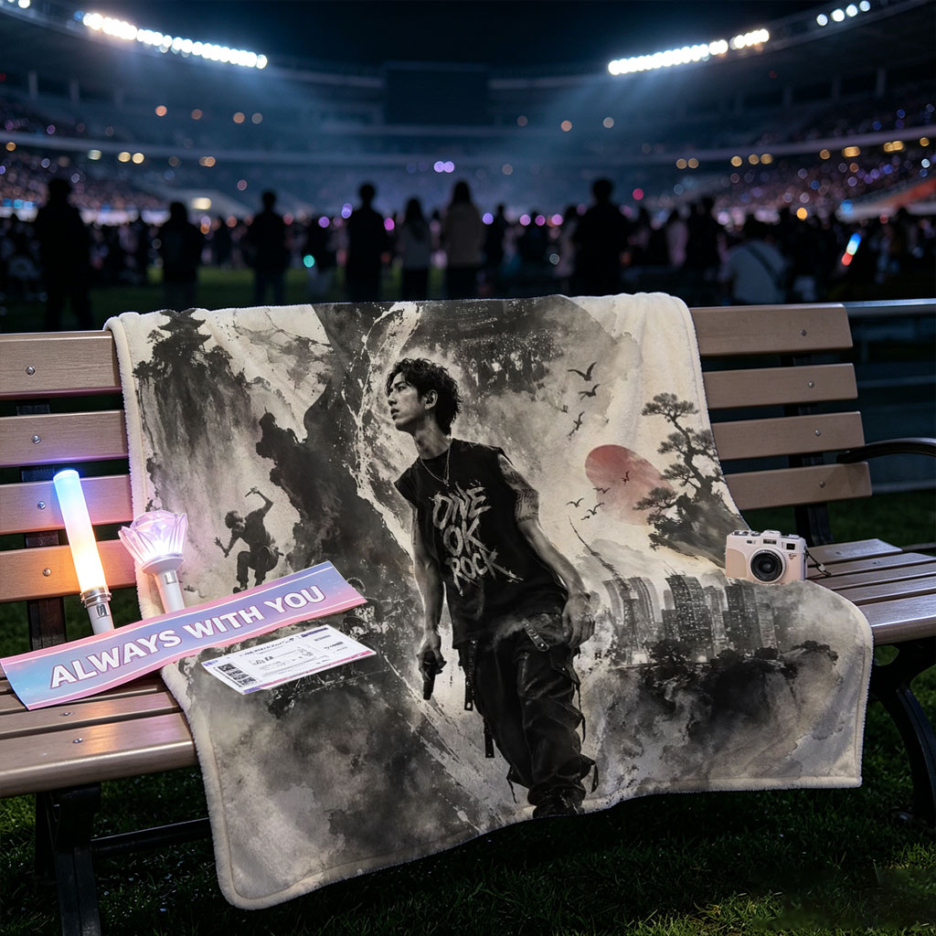 ONE OK ROCK TAKA in a Dramatic Monochrome Portrait with Traditional Japanese Landscape and Urban Elements - Blankets