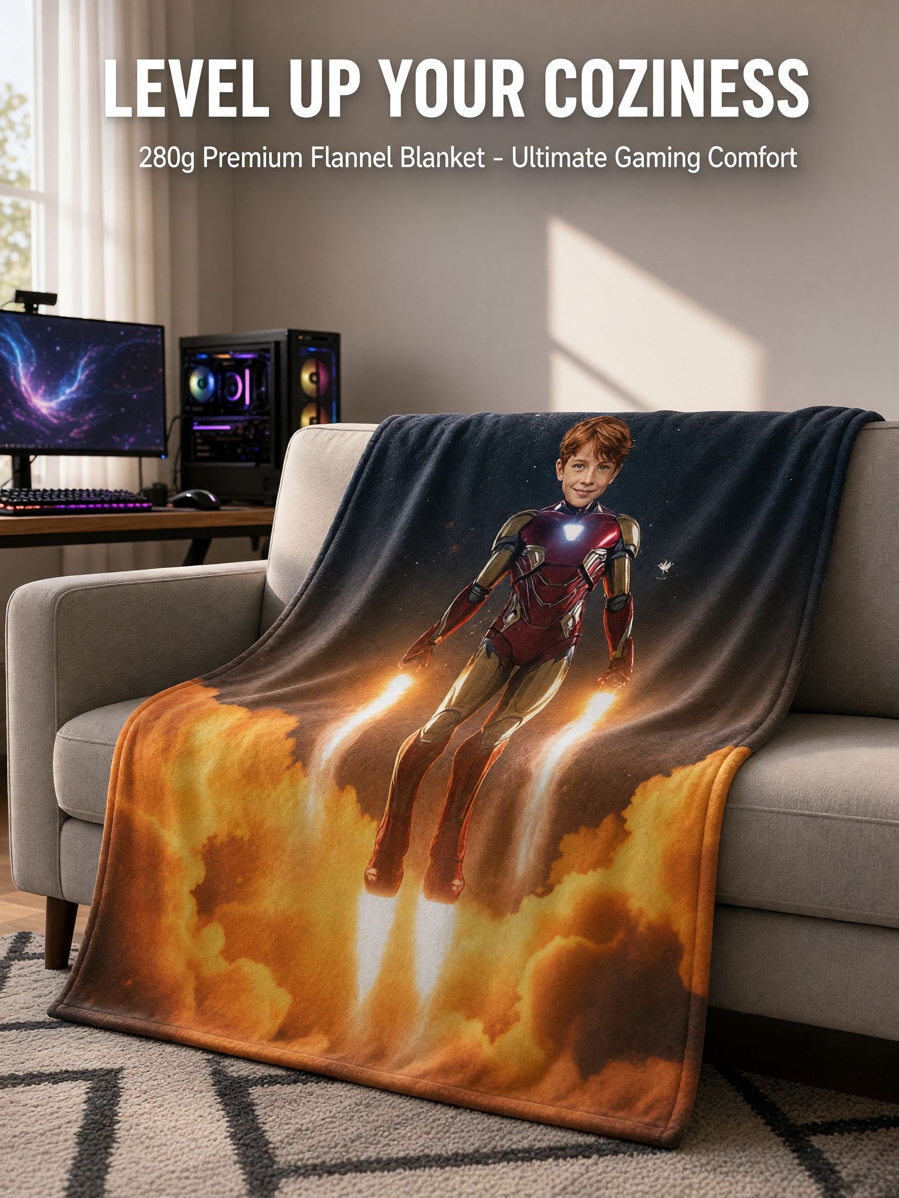 Custom Photo Superhero Flannel Fleece Throw Blanket Personalized Face Print Ultra Soft Warm Plush Blanket for Bed Sofa