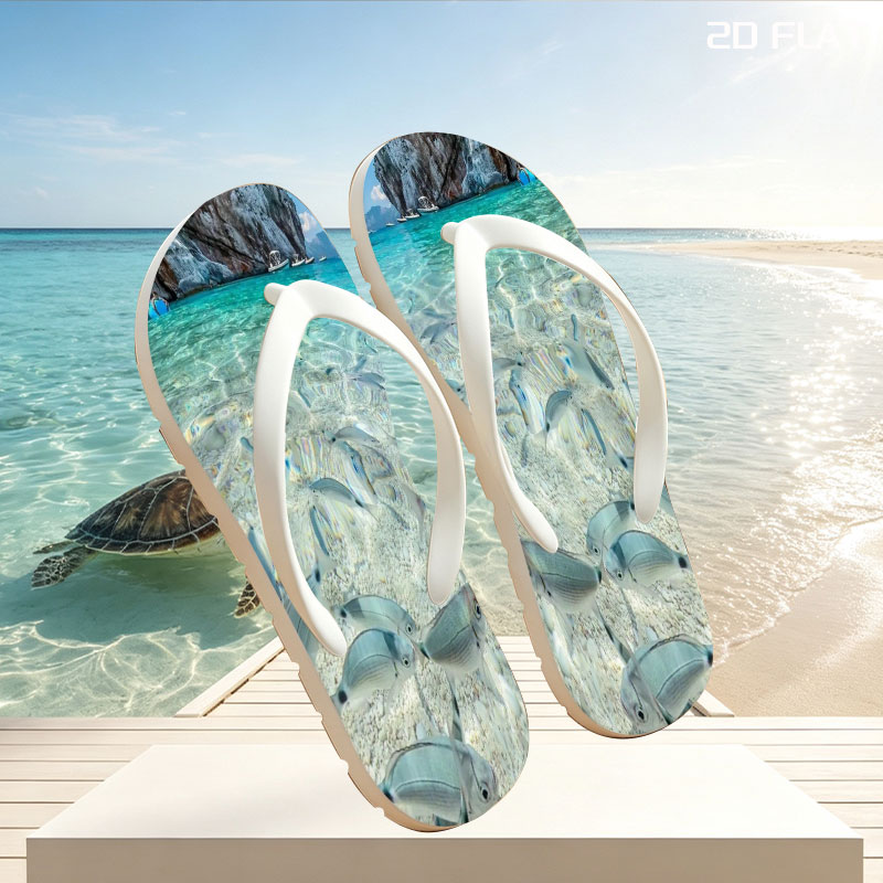 Clear waters reveal schools of fish swimming near a rocky shore with boats in the distance. -  flip-flops