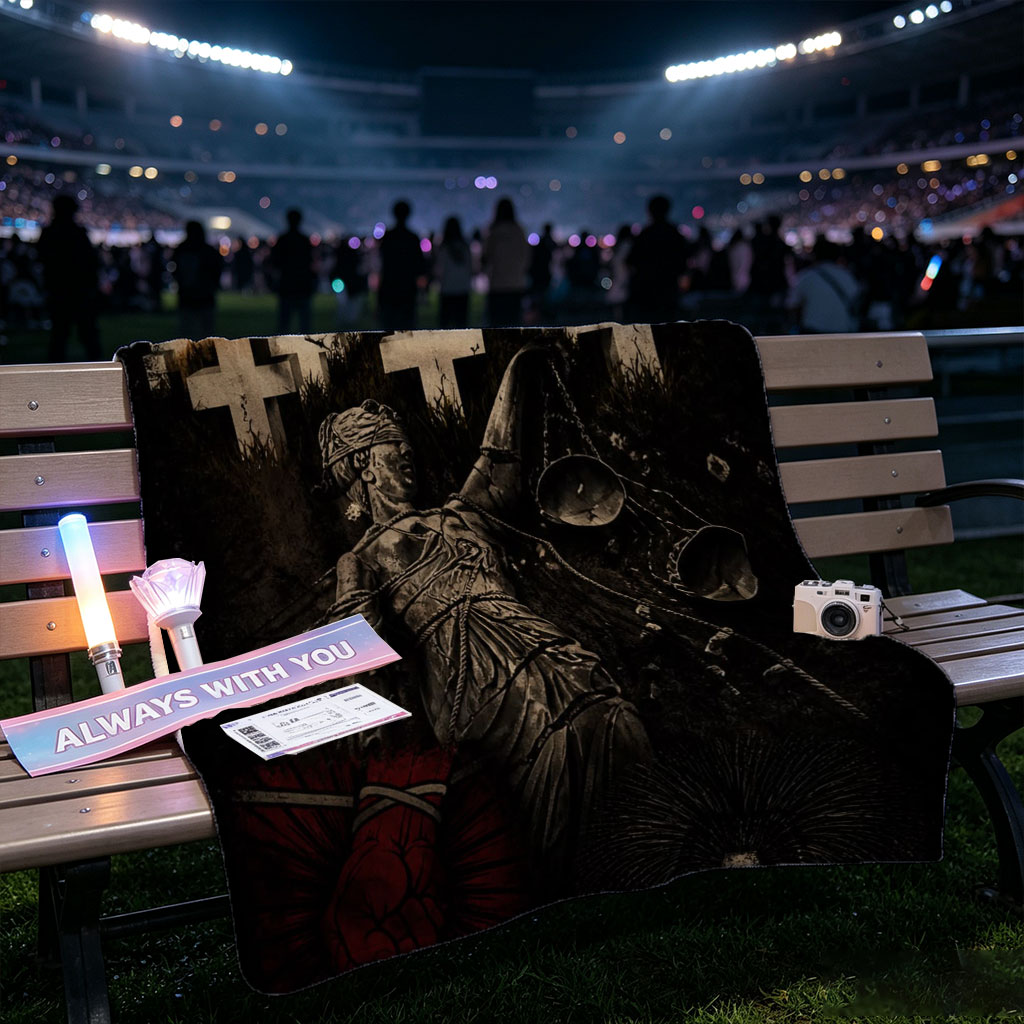 Metallica Cemetery Scene with Statue and Crosses in Dark Atmosphere - Blankets