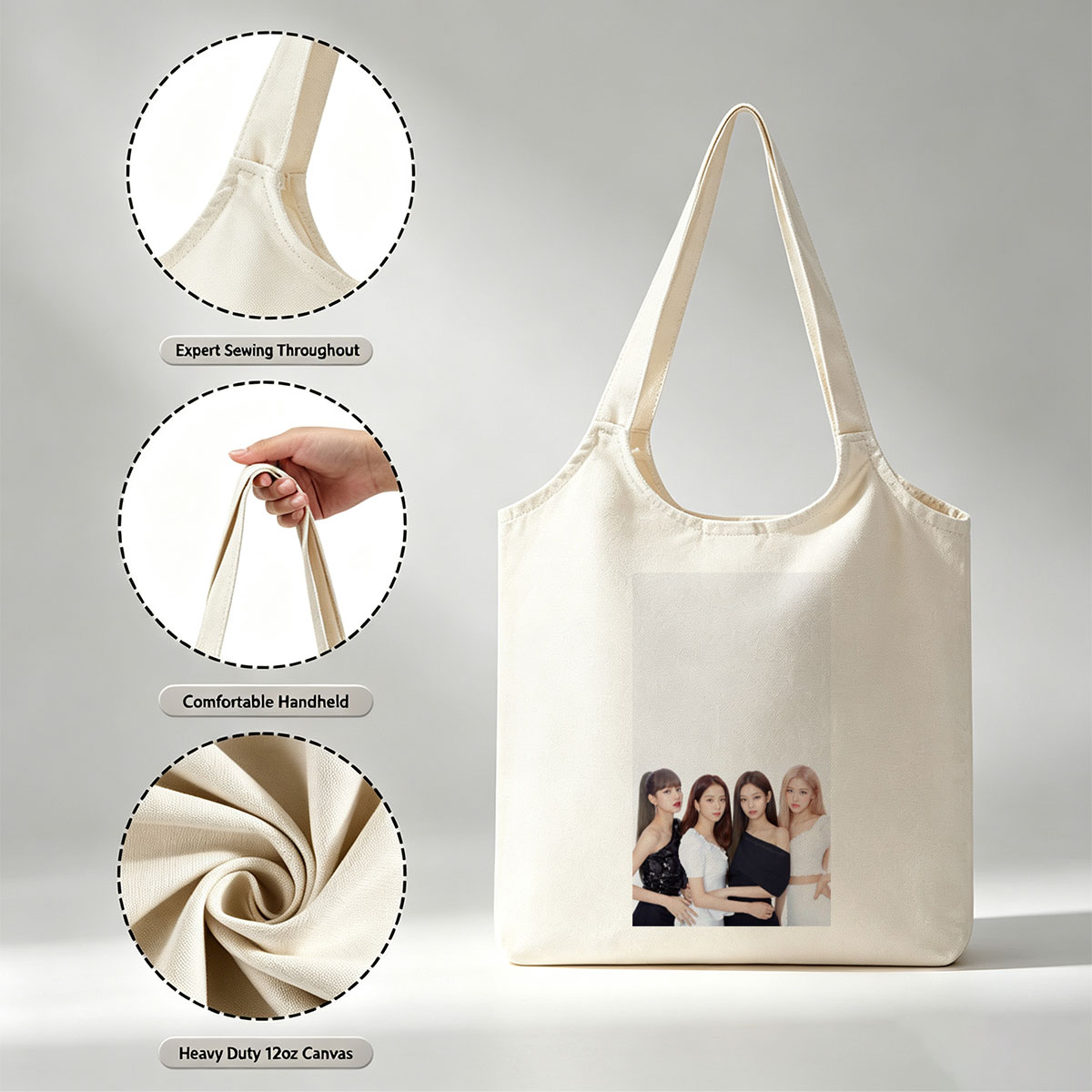 BLACKPINK Group Photo in Elegant Black and White Outfits on a Minimalist Background - Canvas shoulder bags/