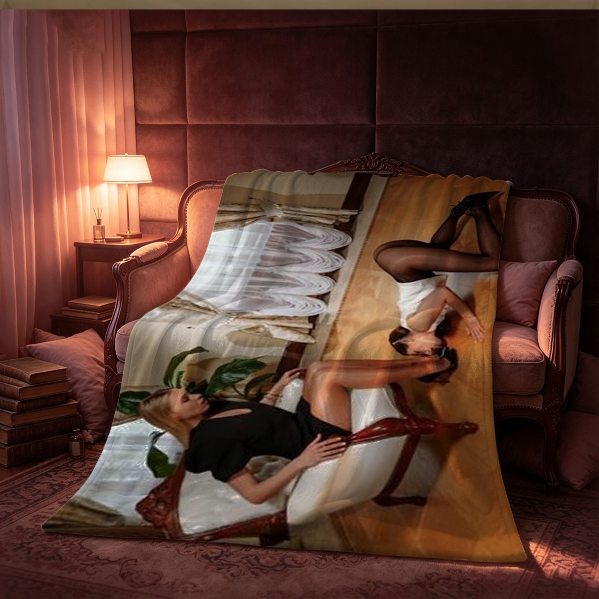 Sitting in Lingerie on Wooden Chair - Blanket