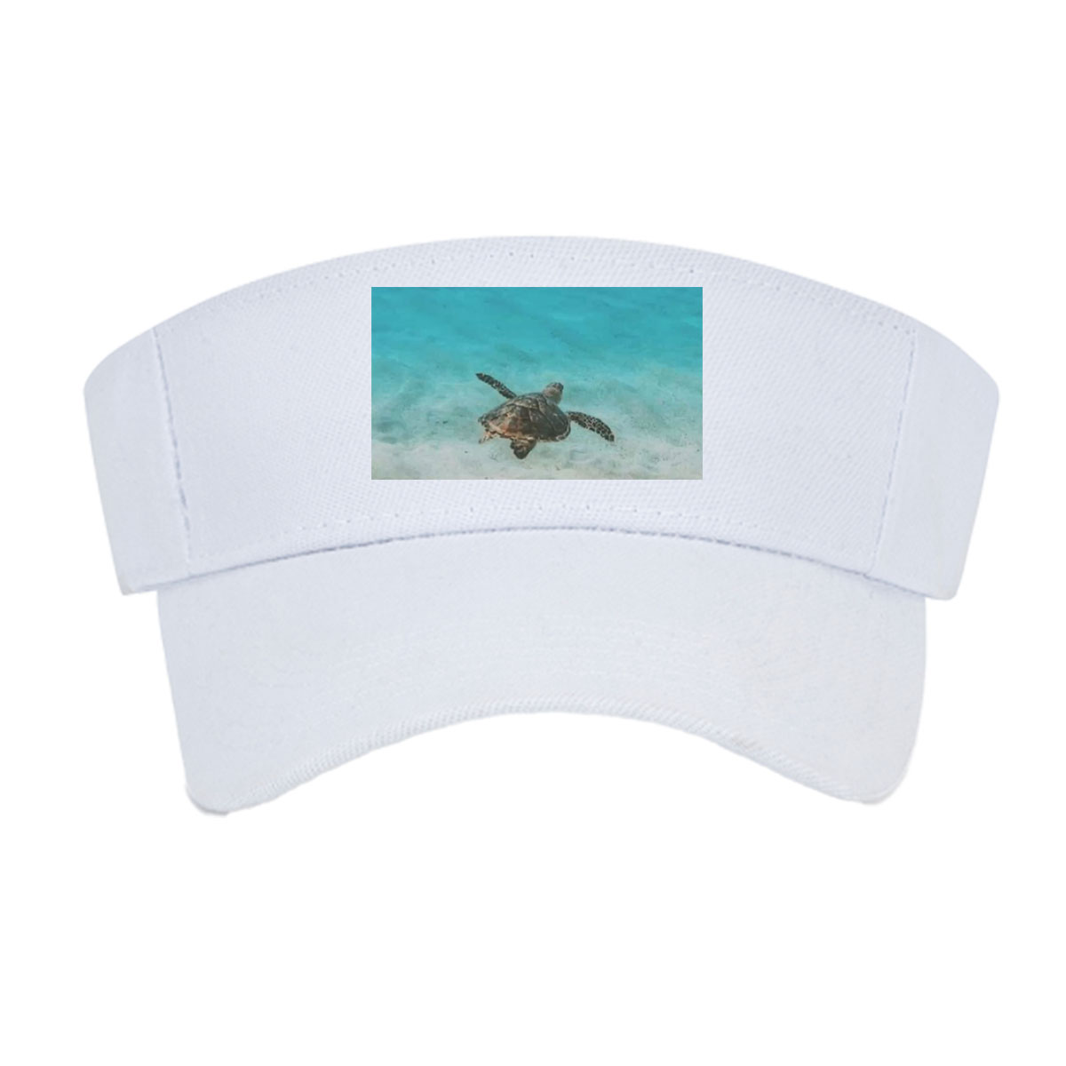 Sea turtle swimming in clear blue water over sandy ocean floor -  Visor cap