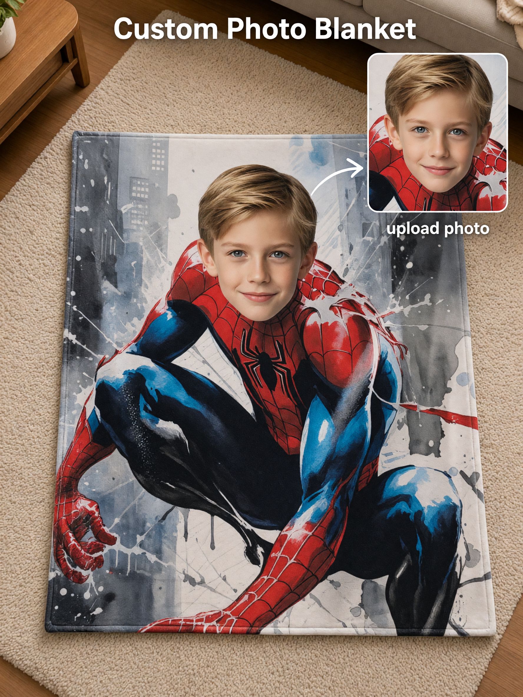 Custom Face Superhero Flannel Throw Blanket Ultra Soft Personalized Photo Fleece Blanket for Kids Birthday Gift