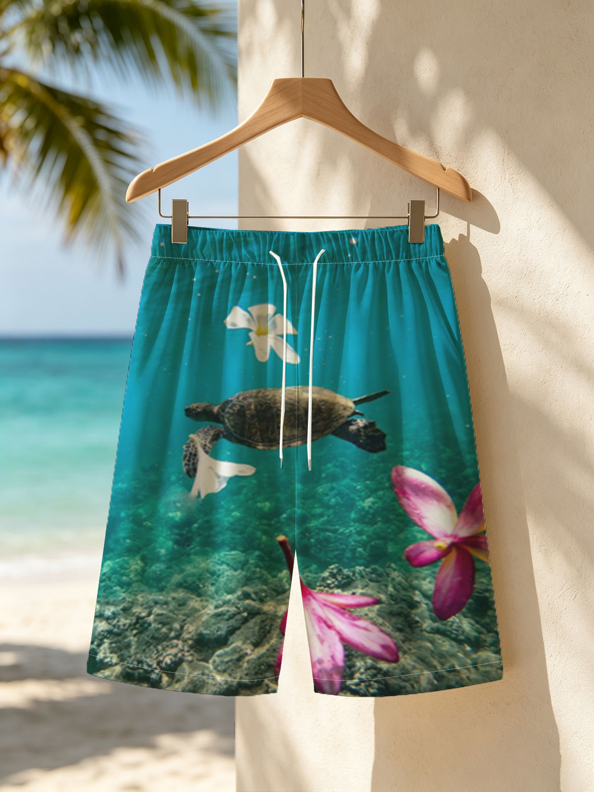 Sea Turtle Swimming Among Floating Flowers Underwater -  Beach shorts