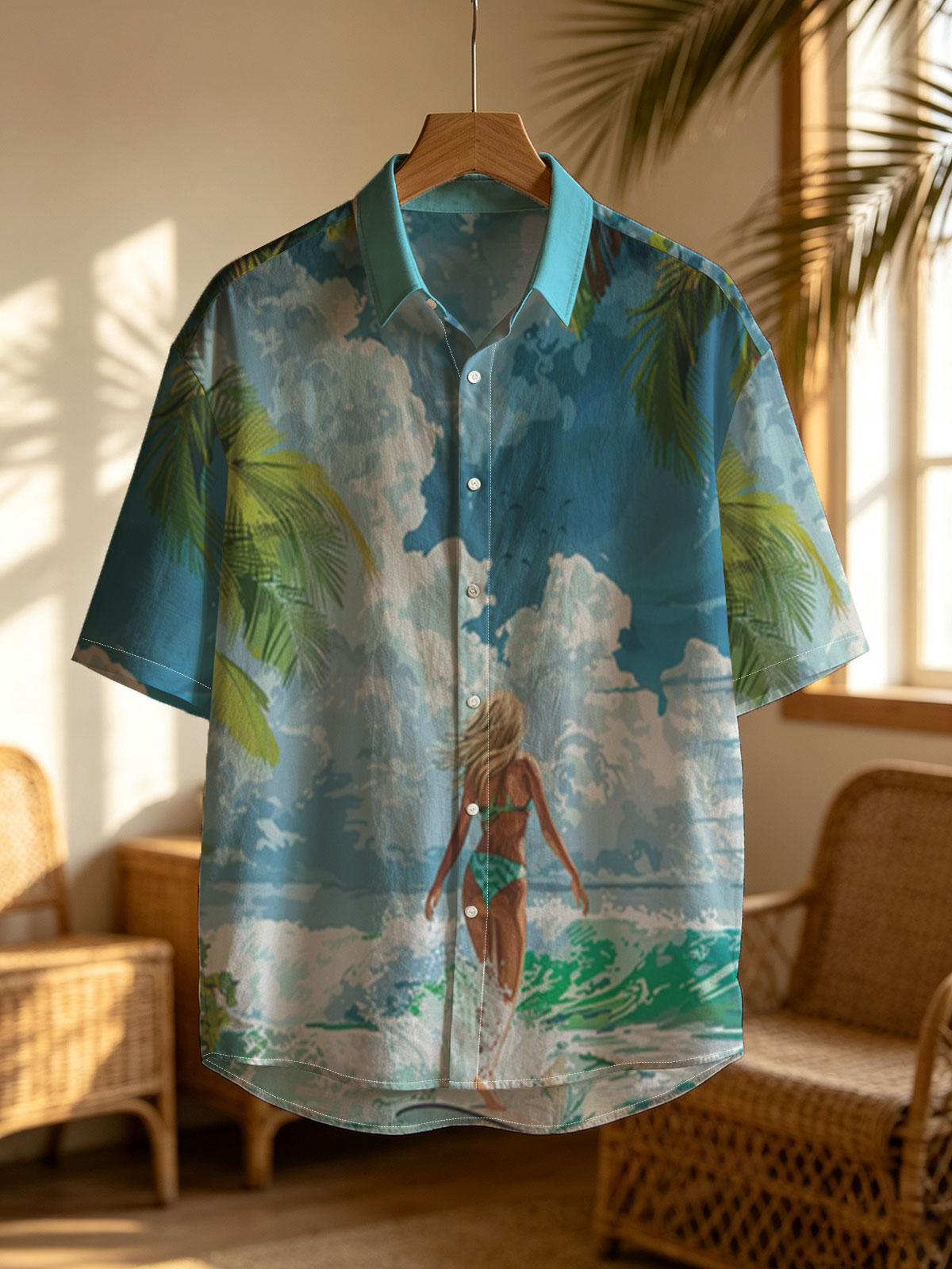 Woman surfing on tropical beach with palm trees and blue sky -  Shirt
