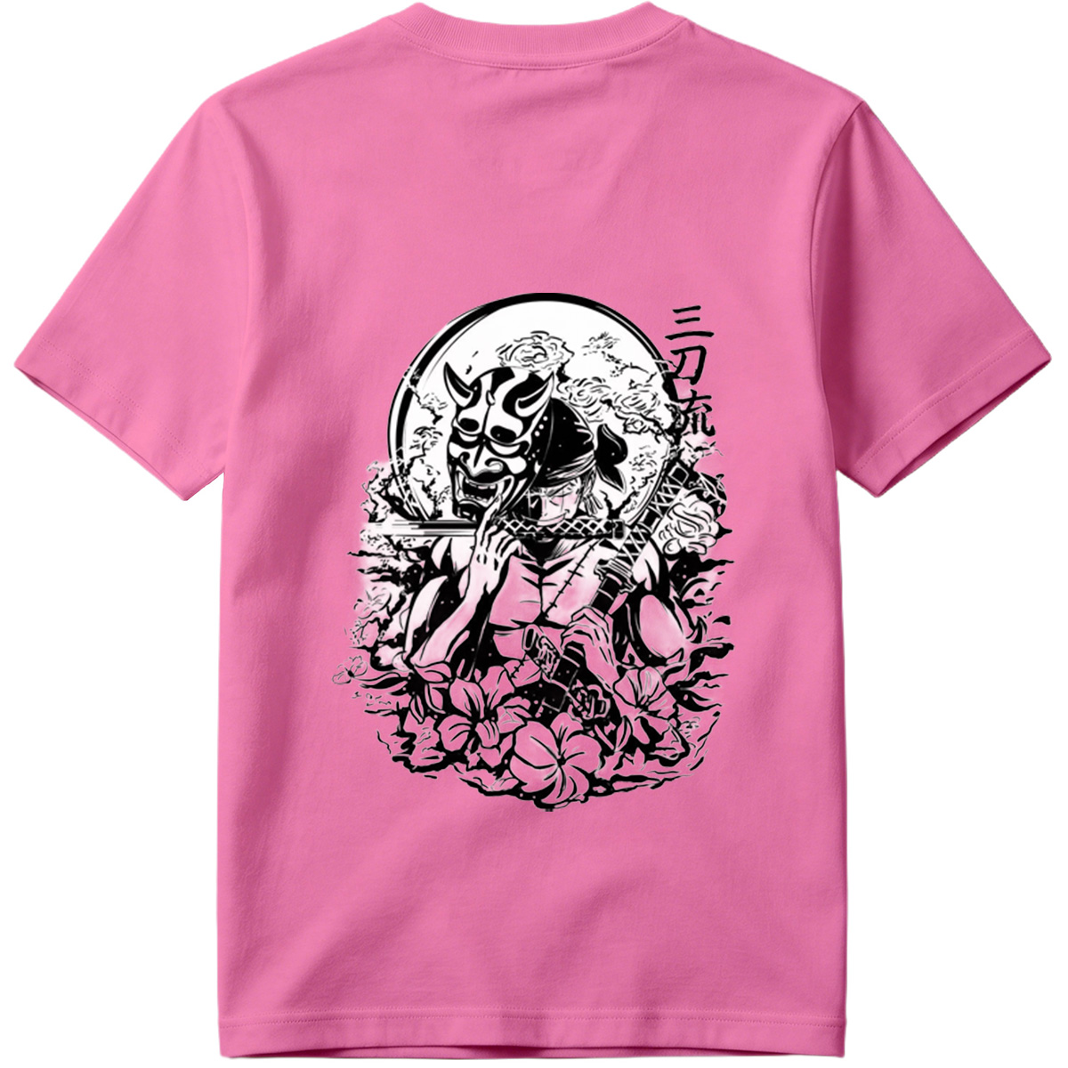Samurai with Oni Mask and Katana in Floral Scene - Tee