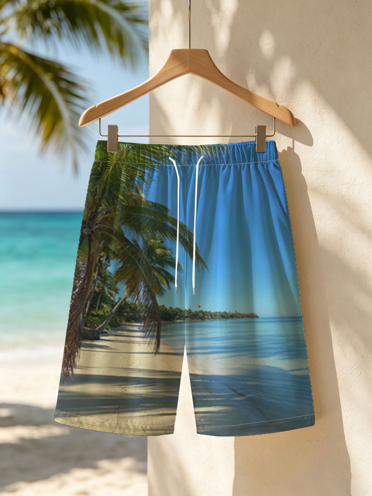 Tropical Beach with Palm Trees and Clear Blue Water -  Beach shorts