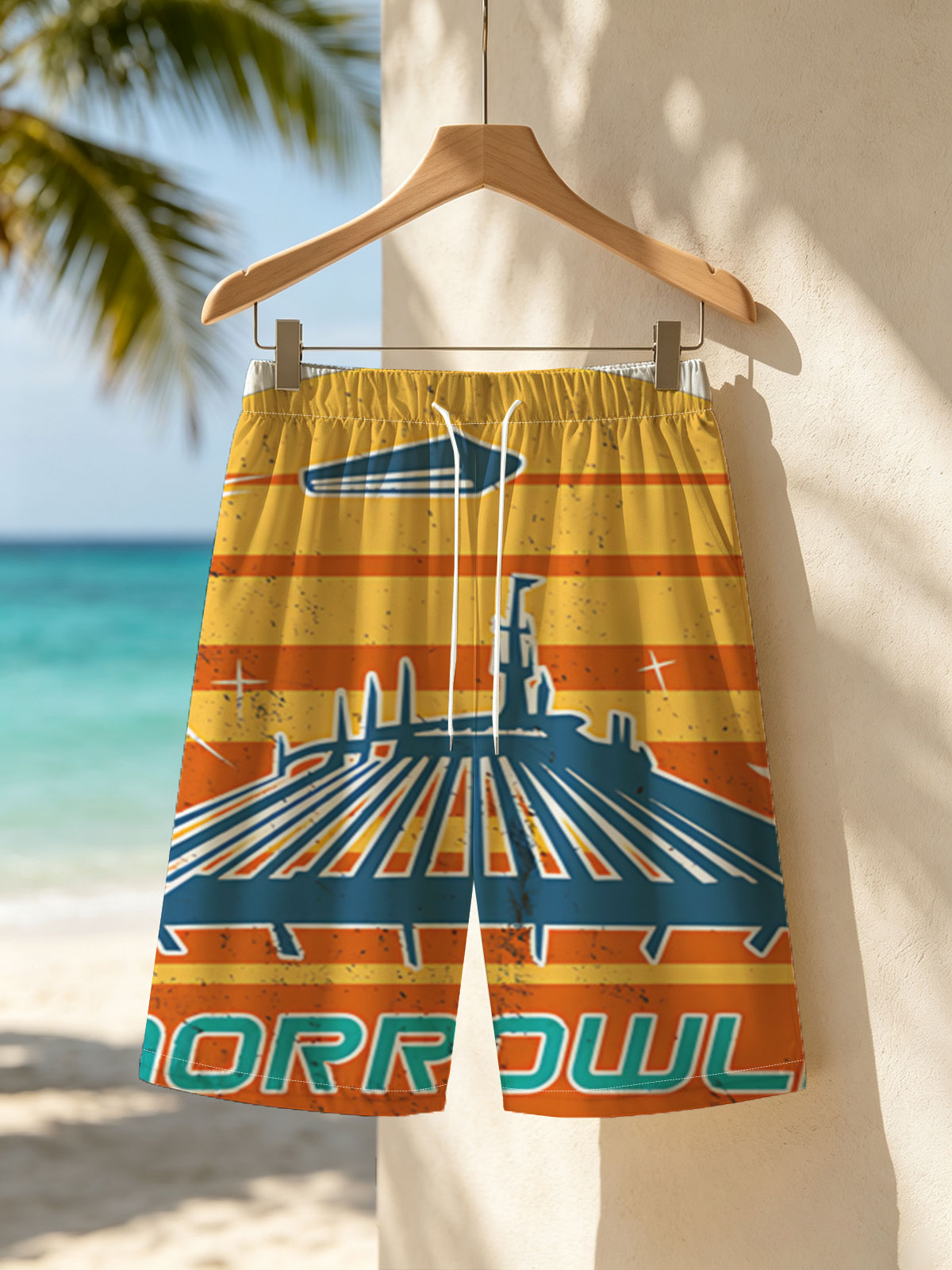 Tomorrowland: Iconic Space Mountain Silhouette with Retro Solar Background -  Beach shorts