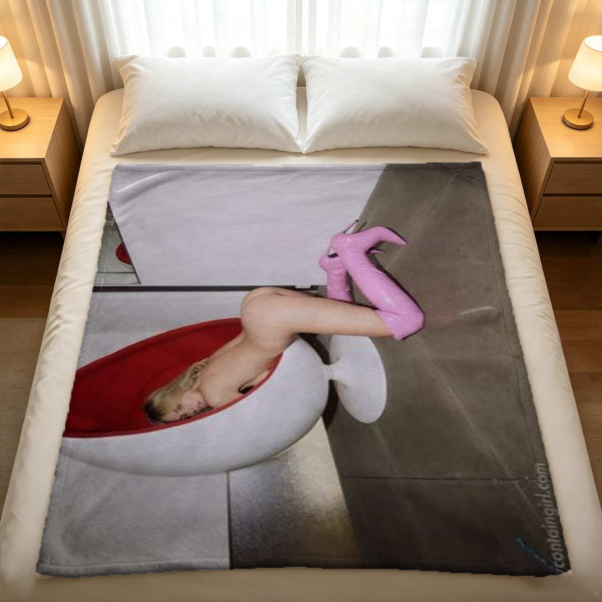 Nude woman with pink hair posing seductively on vintage gramophone. - Blanket