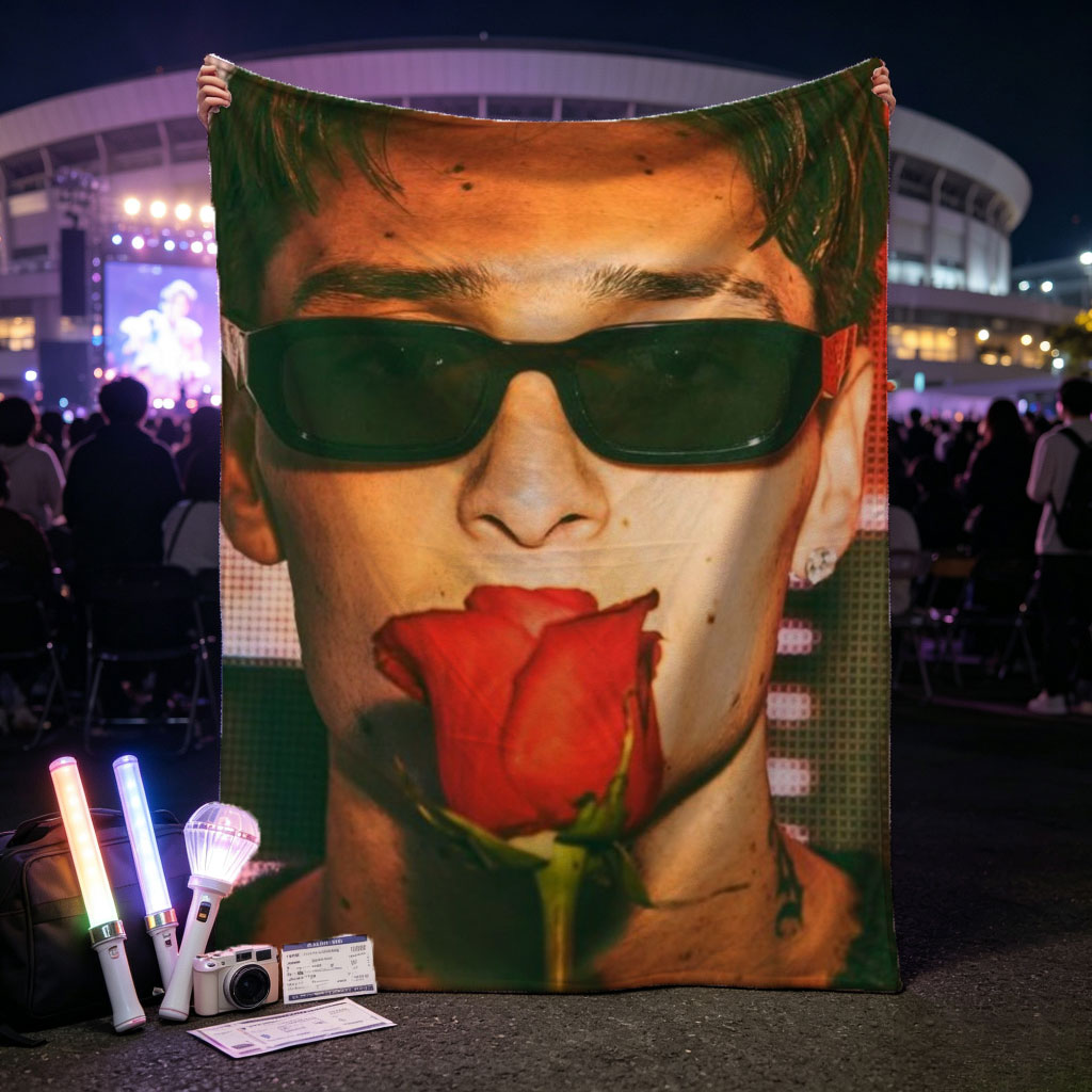 Anwar Hadid Holding a Red Rose with Sunglasses on a Digital Background - Blankets