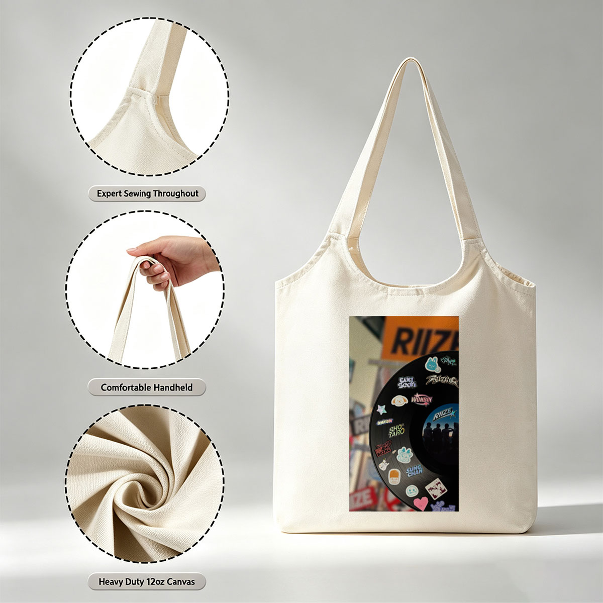 RIIZE Vinyl Record with Member Stickers and Band Logo Displayed in Store Window - Canvas shoulder bags/