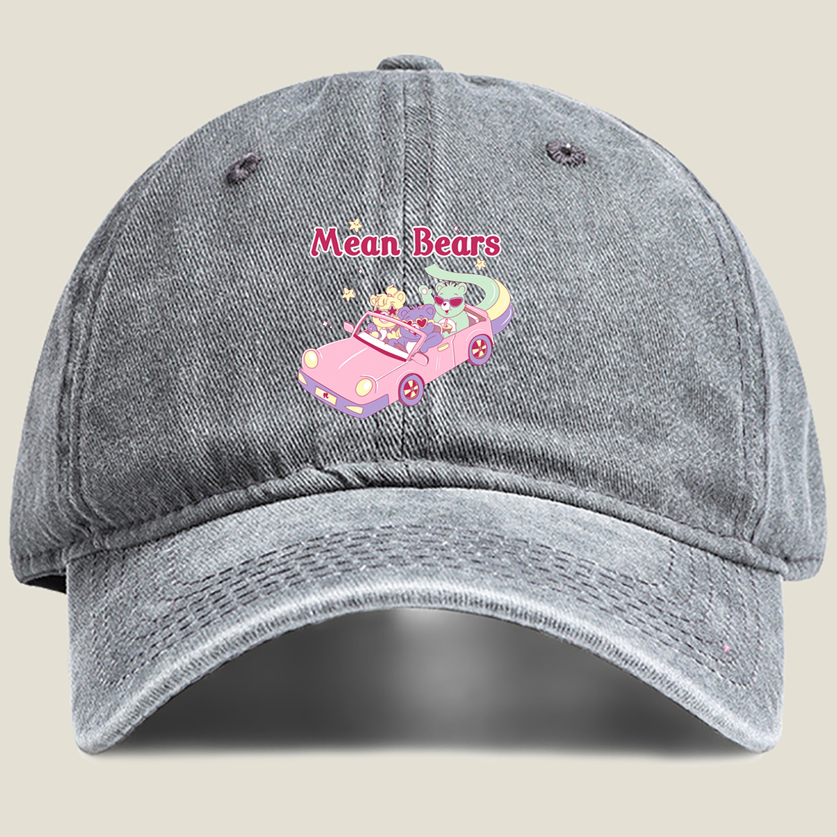 Mean Bears in a Pink Car with Three Cute Characters - Washed Denim - Baseball Cap